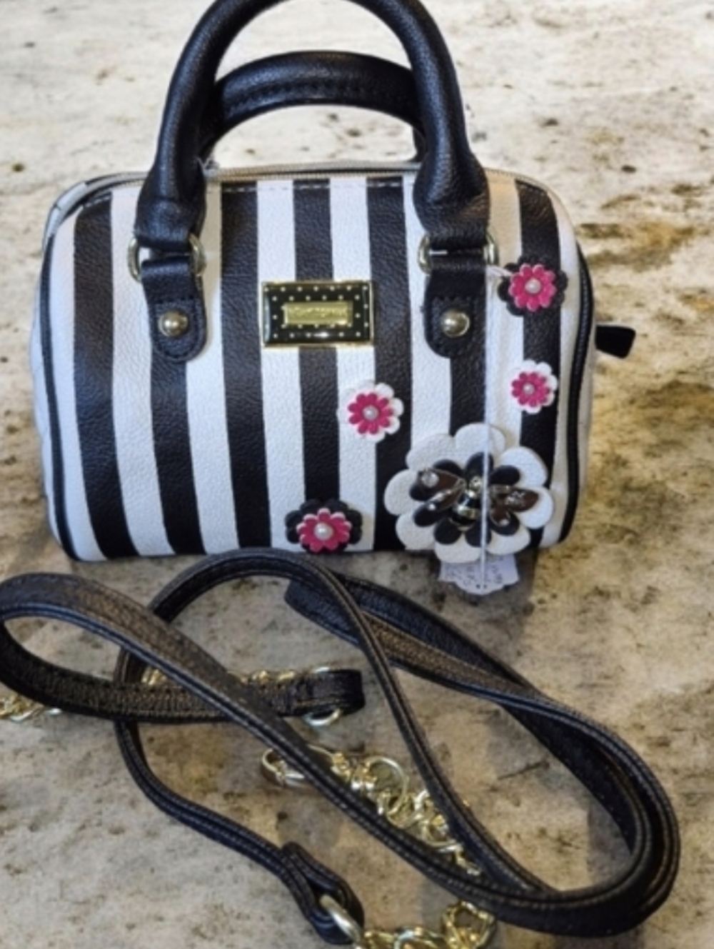 Betsey Johnson Black and White Striped Satchel with Pink Floral Accents EUC
